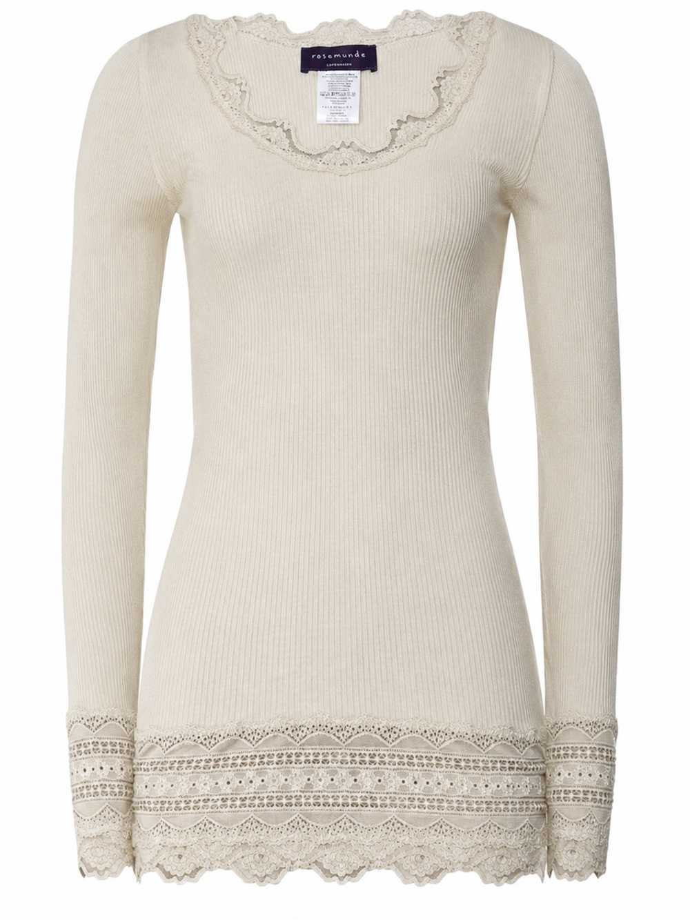 Rosemunde Copenhagen NWT Mulberry Silk Lace Ribbed Top Soft Powder XL